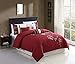 Chezmoi Collection 7-piece Red Floral Hibiscus Embroidery Beige Comforter Bedding Set (Queen)