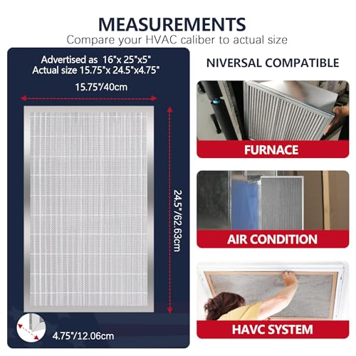 Image of 16x25x5 Reusable Electrostatic Air Filter, MERV 8 Lifetime Aluminum AC /HVAC Furnace Filter, Honeywell FC100A1029, Lennox X6670, Carrier, Bryant Increases Airflow(Actual Size:15.75 inchx 24.5 inchx4.75 inch)