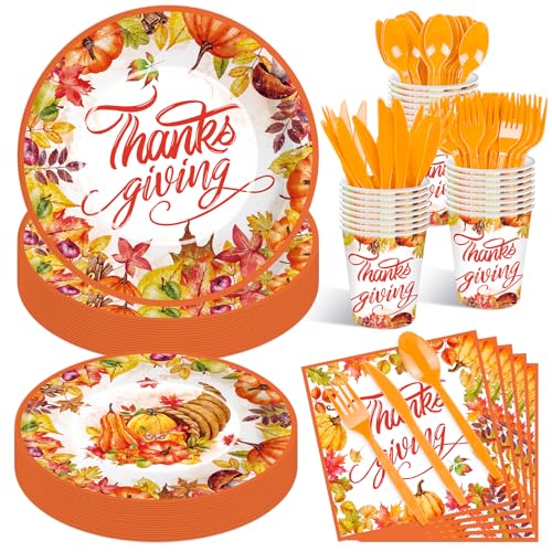 175-Pcs-Thanksgiving-Tableware-Set-Serves-25-Harvest-Themed-Disposable-Plates-Cups-Napkins-Plastic-Forks-Spoons-Knives-for-Thanksgiving-Day-Dinner-Fall-Party-Supplies-Autumn-Gatherings 175 Pcs Thanksgiving Tableware Set Serves 25 Harvest Themed Disposable Plates Cups Napkins Plastic Forks Spoons Knives for Thanksgiving Day Dinner Fall Party Supplies Autumn Gatherings