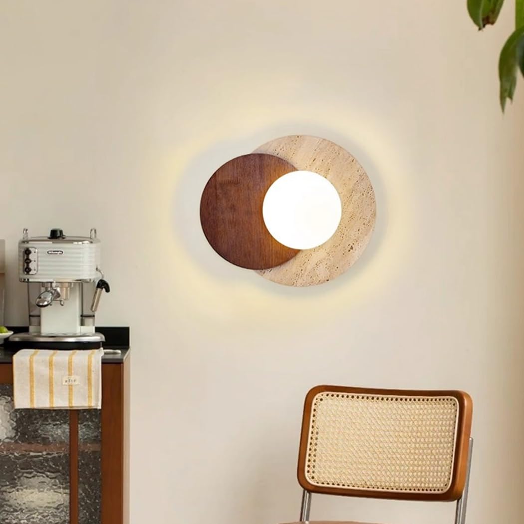 Gelbem Travertin Wandlampe Kreative Wabi-Sabi Wandleuchte Vintage Holz Lampe Innen Wandbeleuchtung Für Schlafzimmer Wohnzimmer Esszimmer Eingang Korridor Cafe Flur Nachttischlampe(Braun)