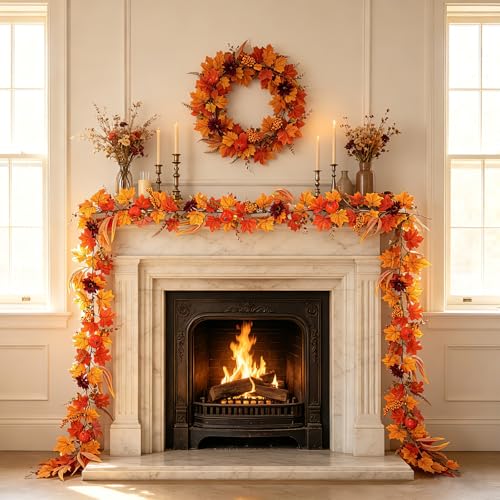 Image of RoseCraft 2PCS Fall Garland, 6FT Autumn Pumpkin Maple Leaf Garland Fall Decor, for Home Harvest Thanksgiving Fireplace Front Door Indoor Outdoor Holiday Party Decorations.