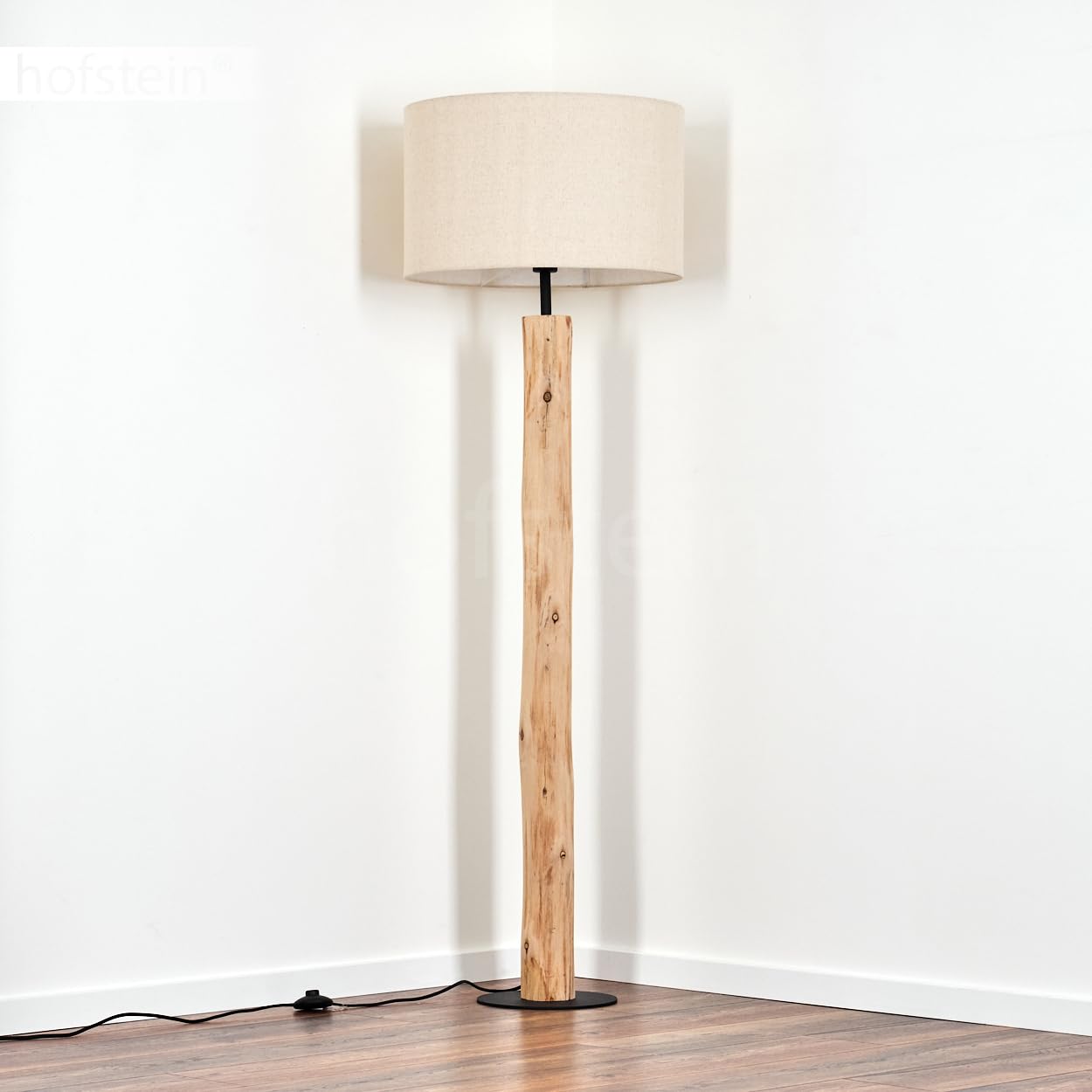Stehleuchte Flemming, Stehlampe aus Holz/MetallStoff in Natur/Schwarz/Beige, Leuchte im skandinavischen Design mit rundem Schirm (Ø 50 cm) u. Fußschalter, Höhe 159 cm, 1 x E27, ohne Leuchtmittel