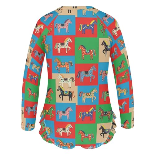 Colorful Horses on Squares Girls Rash Guard Swimsuits Long Sleeve One Pieces Bathing Suit UPF 50+ Zipper Swimwear3