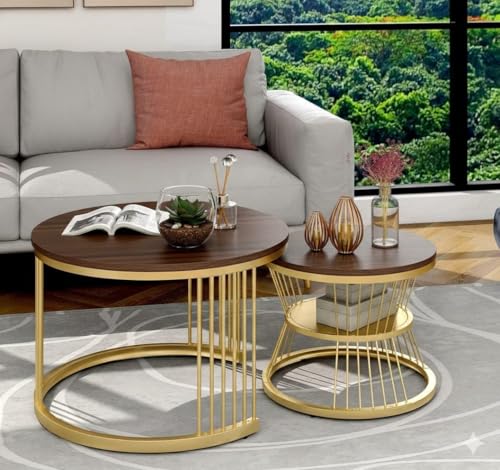 Image of Roldo Modern Nesting Coffee Table Set of 2 for Living Room, Round Coffee & Side Table with Metal Frame and Marble Finish MDF Top, Center Table for Sofa, Home Decor Office & Apartment (Gold Walnut)