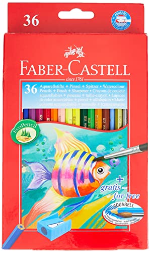 Lapices Acuarelables Faber Castell 114437 - Estuche de cartón con 36 ecolápices acuarelables de colores y pincel, multicolor