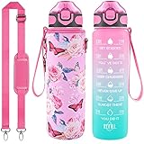 Enerbone 32 oz Water Bottle with Strap Sleeve, Durable & Insulated, Leakproof BPA Free, Times to Drink & Straw, for Men Women Gym Sports Outdoors