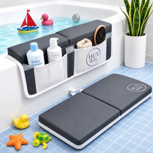 Image of Comfortable Baby Bath Kneeler and Elbow Rest Pad Set, Non-Slip Bathtub Kneeling Pad for Bathing Baby, Bath Tub Cushion Mat, Elbow Pads, Toy Organizer Storage Pockets, Strong Suction Cups (Dark Gray)