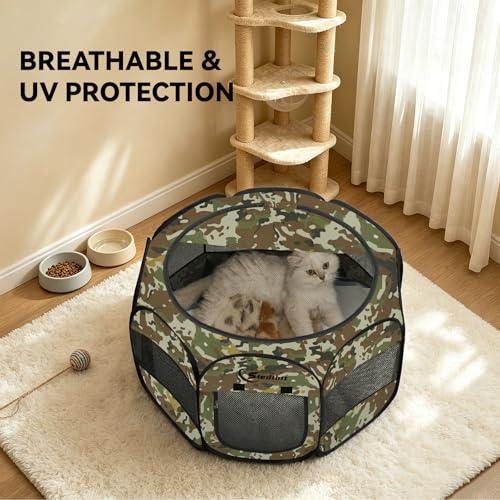 Image of Siedihit Playpen for Small Dog Cat, Dogs Tent Crate Cage Indoor /Outdoor, Portable Pop Up Dog Kennel with Carrying Bag for Rabbits, Removable Top (Green Camo, Small)