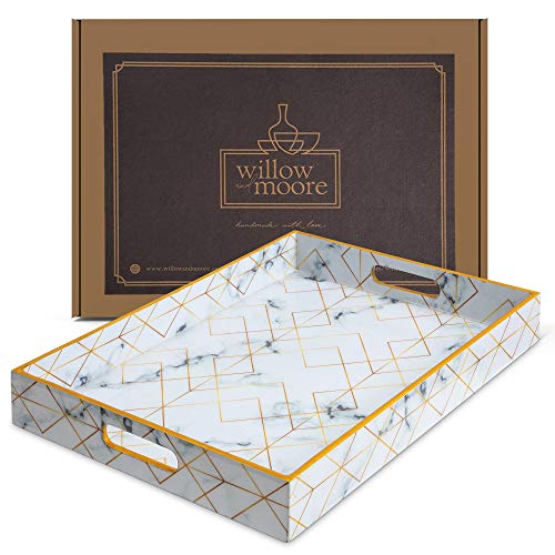 Large Decorative Serving Tray for Coffee Table, White and Gold Tray, Ottoman Tray Home Decor, Wooden Trays with Handles, Coffee Table Tray, Wood Tray for Coffee Table. Ideal for Home & Entertaining.