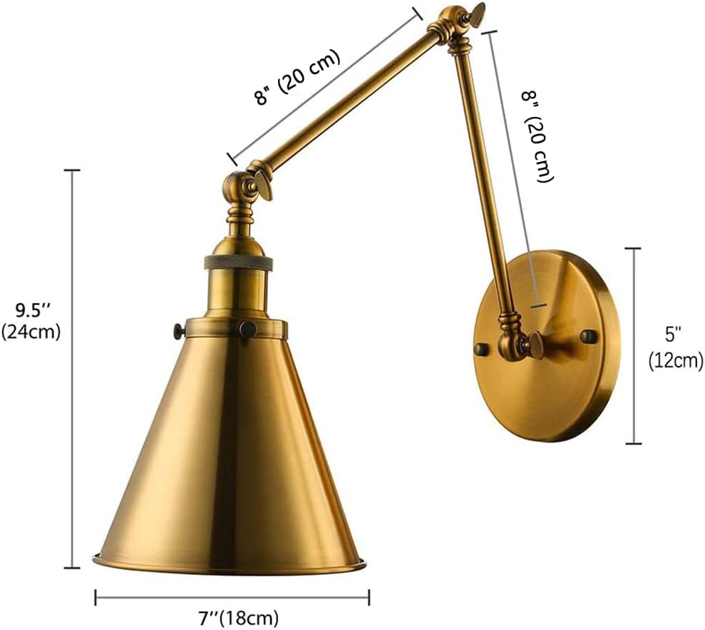 LITFAD Adjustable Brass Finish 1 Light Wall Sconce 7" Industrial Swing Arm Wall Lamp Mounted Lighting Fixture with Cone Shade Rotatable Brass arm Sconce for Living Room Bedside Hallway Foyer