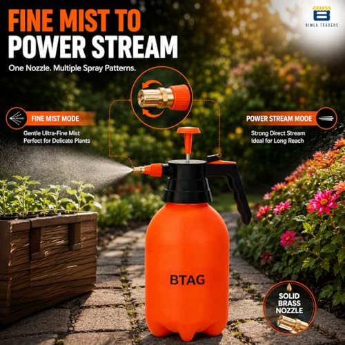 Image of Btag 2L Manual Pressure Spray Pump with Long Nozzle, Adjustable Sprayer for Gardening, Plant Watering & Home Cleaning. (PS001 Orange)