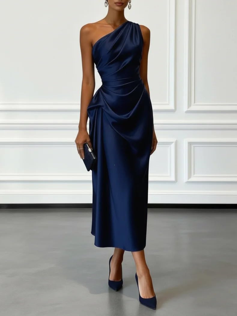 Abiti Eleganti Donna Abito da Donna in Raso Monospalla Elegante Senza Maniche con Drappeggio Perfetto per Invitate A Matrimoni Abito Midi Aderente in Seta Drappeggiato per Donna Completo