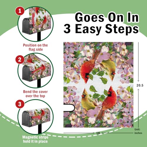 Image of Spring Summer Cardinal Mailbox Cover Magnetic Standard Size 20.5 inch x 18 inch, Red Birds Dogwood Flower Decorative Post Letter Box Wrap Decor, Floral Seasonal Garden Yard Outdoor Decoration