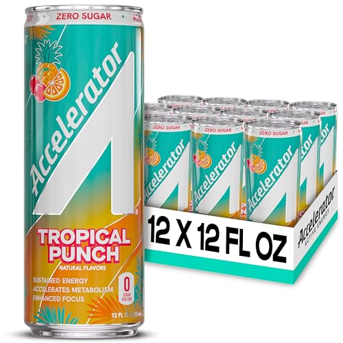 Image of Accelerator Active Energy Drink, Tropical Punch, 12oz can (12 pack) | Zero Sugar, Sustained Energy from 100% Natural Caffeine (200mg from Green Coffee Bean & Green Tea extract)