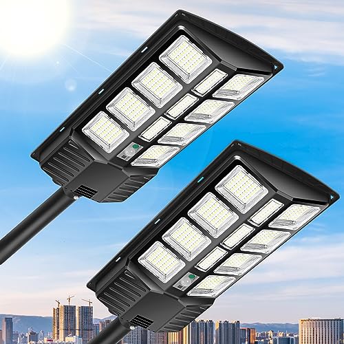 Image of Solar Street Lights Outdoor - 2 Pack 1800W Solar Parking Lot Lights, 7000K LED Solar Lights, Dusk to Dawn, Motion Sensor, IP65 Waterproof Solar Lights with Remote Control