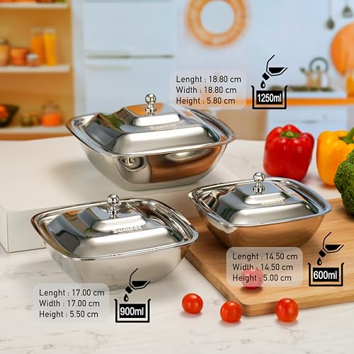 Image of Sumeet Stainless Steel Square Serving Bowl /Curry Bowl /Gravy Pot with lid, 2Pc each of 600ml,900ml & 1250ml capacity, 14.5cm, 17cm & 18.8cm Dia, Set of 6 Pcs, Silver