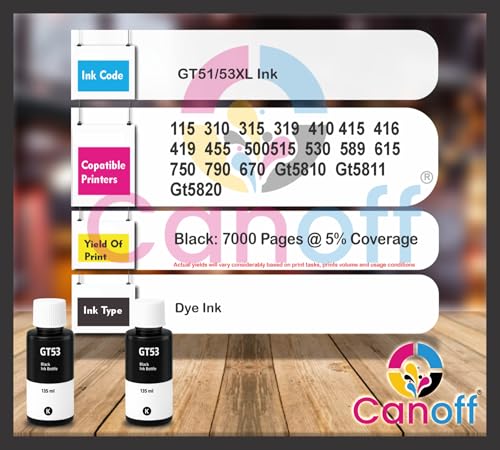 Image of CANOFF GT51Xl /GT53Xl Black Refill Ink Compatible for HP Ink Tank 115,310,315,319,410,415,416,419,455,500,515,530,589,615,750,790,670,GT5810,GT5811,GT5820 (GT53xl Black 2pc.)