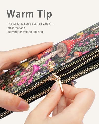 Image of Mushroom Women's Wallet,Thin RFID Card Holder with Zipper Pocket