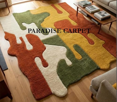 Image of Handmade Irregular Shape Wool Area Rug Unique Contemporary Classical Design Thick & Soft Carpets for Living Room, Bedroom & Hall Area Rug (Size 6 x 8 feet) Multi