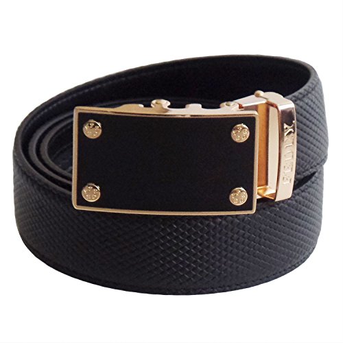 FEDEY Mens Ratchet Belt, Leather, Classic Series, Custom Fit for Waist 26 to 54 inches, BLANK CANVAS - Black/Gold, Large