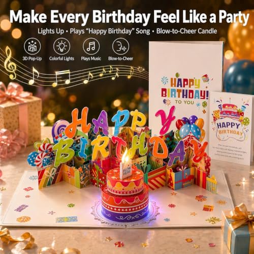 Image of 3D Pop-Up Birthday Card with Music, Blowable LED Candle, for Ages 1 to 100