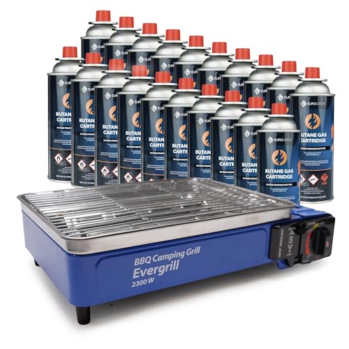 Eurocatch Evergrill Gas butano Camping Grill - incl. 20 bombole di gas - Barbecue a gas - Cucina da campeggio - Griglia da tavolo - Barbecue da tavolo