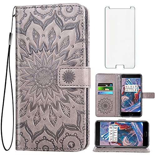 Phone Case for OnePlus 3 3T A3000 Wallet Cases with Tempered Glass Screen Protector Leather Slim Flip Cover Card Holder Stand Cell OnePlus3 OnePlus3T 1 One Plus T 1plus T3 1+ 1+3T 1+3 Women Men Gray