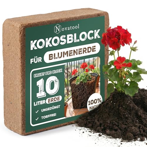 Novatool Bloc de noix de coco avec sac de terre de coco pour plantes d'intérieur 10 litres 750 g 19 x 18 x 5 cm Terreau de coco fin Pastilles de coco Steu et substrat Plantes de fleurs