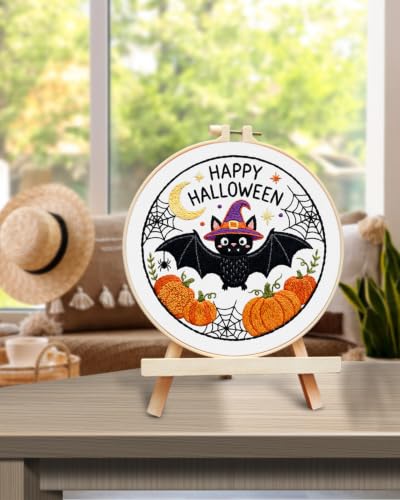 Image of TINDTOP Halloween Embroidery Kit for Adult, Embroidery DIY Starter Kit, with Stamped Patterns, Hoop, Tools, Colorful Threads with Needles, Instructions (Halloween D)