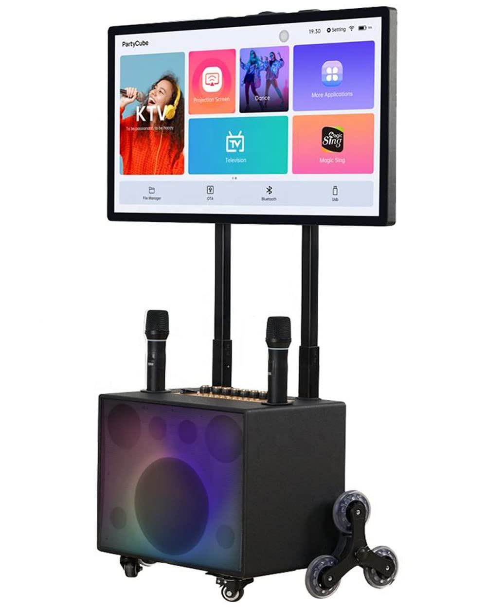 NURCIXPortable Karaoke Machine Complete Karaoke System Includes Bluetooth Speakers on Wheels, 2 Bluetooth Microphones, Disco Ball, LED Speaker Light, Cell Phone Stand black