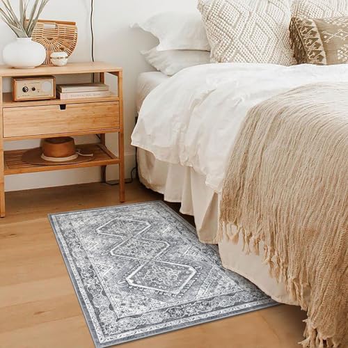 KUTA Rugs for Entryway Oriental Small Washable Area Rug 2x3 Grey Non-Slip Ultra Soft Printed Vintage Distressed Tribal Low-Pile Indoor Door Mat Carpet for Entrance Bedroom Kitchen