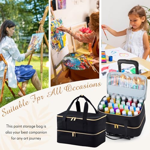Image of Abbylike Acrylic Paint Organizer Double Layer Bag with Foldable Cart - 56 Shockproof Foam Slots for 2oz Bottles, Portable Art Supply Storage Case for Travel Friendly Artists, Black