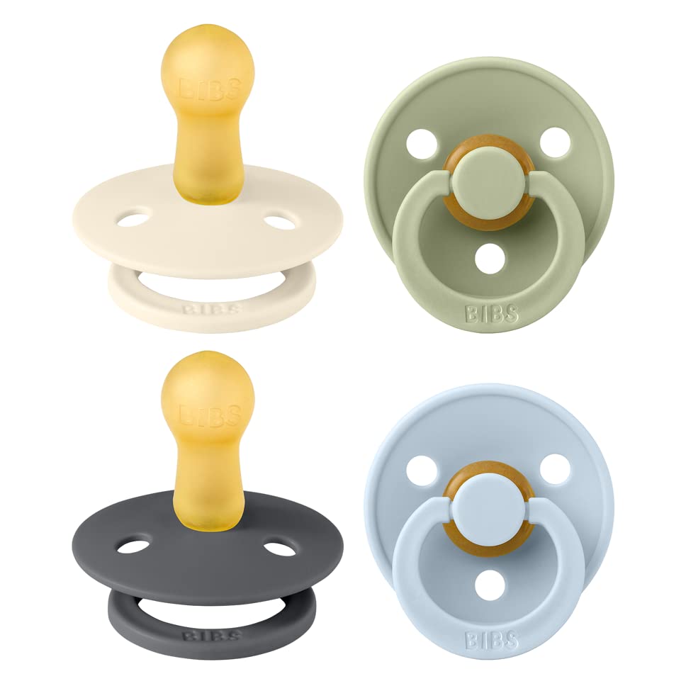 BIBS Colour Soother 4-Pack, BPA Free Dummy Pacifier, Round Nipple. Natural Rubber Latex, Made in Denmark. 6-18 Months (Pack of 4), Iron Mix