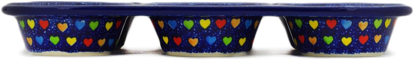 Polmedia Polish Pottery Muffin Pan UNIKAT - Colourful Dot Show Pattern Handmade in Boleslawiec Poland by Ceramika Artystyczna + Certificate of Authenticity