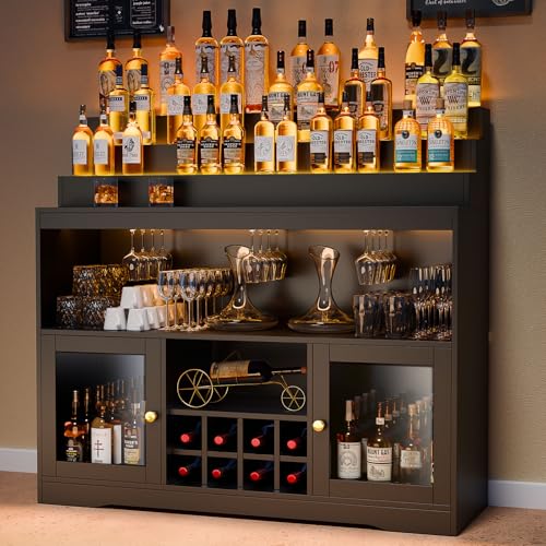 Loomie Wine Bar Cabinet with LED Lighted Liquor Bottle Display