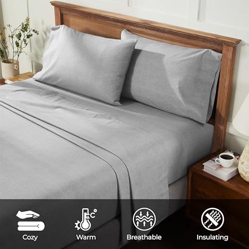 Image of Superior Melange Flannel Cotton Sheet Set, Ultra-Soft Textured Sheets, Modern, Farmhouse Bedding, Basics, Includes; Flat Sheet, Elastic Deep Pocket Fitted Sheet, Pillowcases, California King, Grey
