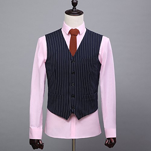Mens 3 pcs Double Breasted Navy Blue with White Pinstriped 6 Buttons Slim Fit Suits Blazer Waistcoat Pants4