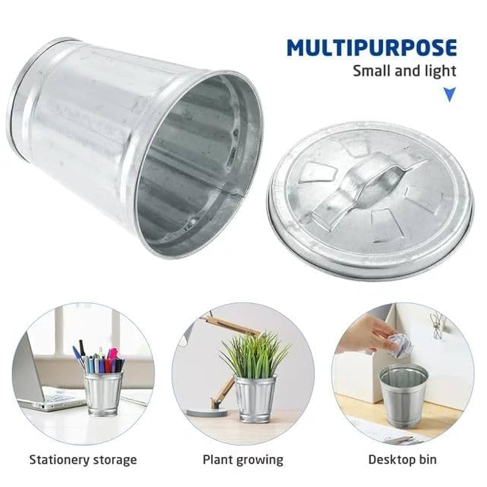 Silver Mini Galvanized Trash Can With Lid Mini Tabletop Wastebasket