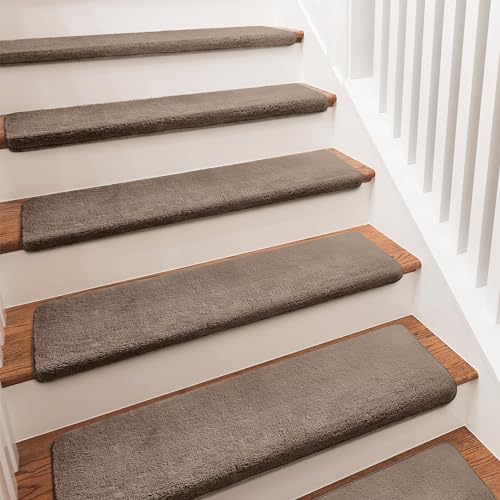 PURE ERA Carpet Stair Treads Ultra Plush 9.5' X 30'Soft Bullnose Indoor Stair Protectors Pet-Friendly Non-Slip Skid Resistant Tape Free Washable Reusable(14 Pieces,Brown)