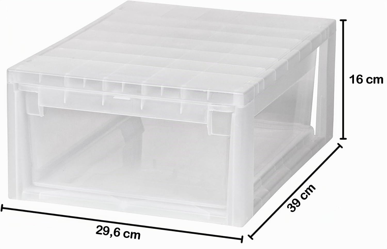 2 Stück Schubladenboxen mit Nutzvolumen 12 Liter pro Box. Passend für z.B. Socken, Shirts, Papier, etc. Maße pro Box: 29,6 x 39 x 16 cm