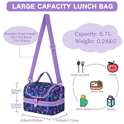 VASCHY Insulated Lunch Bag for Girls Portable Lunch Bag Separate Compartments Reusable Lunch Handbag with Adjustable Shoulder Strap for School and Picnic (Purple Butterfly) - Image 2
