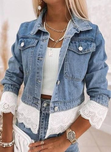 Women's 2025 Blue Single-Breasted Denim Coat Lapel Lace-Trimmed Pockets Short Jacket Fall Winter Trendy Outwear4