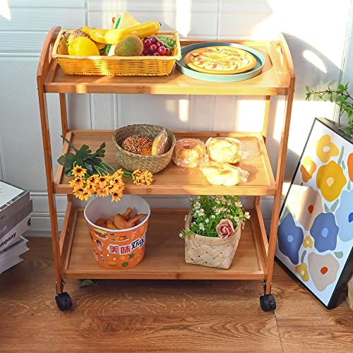 Myoyay 3-Tier Bamboo Storage Cart Rolling Utility Kitchen Serving Cart With Wheel Trolley For Home Bar Living Room Dining Room (23"X13"X28") #TOP4