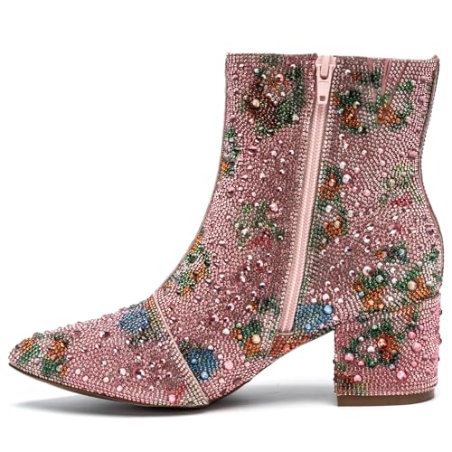 Image of YAYONE Rhinestone Zipper Sparkly Ankle Boots - Glitter Pointed Toe Fashion Comfortable Shoes, Pull on Chunky Heel Western Boots