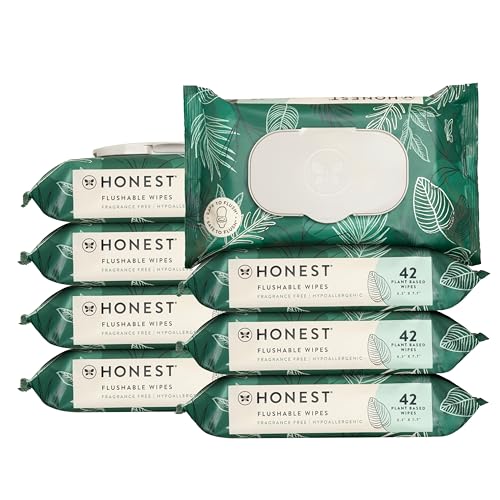 Image of The Honest Company Flushable Wipes for Sensitive Skin | Fragrance Free, Hypoallergenic, 99% Water, Safe to Flush | pH Balanced Feminine Wipes | Tropical Leaves, 336 Count