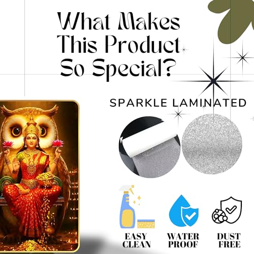 Image of Arkasto Lakshmi Mata with Owl Vahan Wall Poster | Goddess of Wealth & Prosperity | Golden Spiritual Wall Art for Home & Office Temple (Style-02, 12x18 inch)