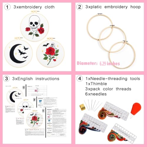 Image of Skull Rose Embroidery Kits for Beginners Adults, Halloween Goth Embroidery Sets Needlepoint Kits, Halloween Stamped Cross Stitch Kits for Beginners Adults, 3 Embroidery Hoops (Attached Video Tutorial)