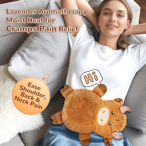 Image of Microwave Heating Pad for Pain Relief, 16 inch x 12 inch Microwavable Heating Pads for Cramps, Back Pain, Neck Shoulder, Muscles, Knee, Joints, Natural Heat Pack Moist Heat, Highland Cow Adorned with Flowers