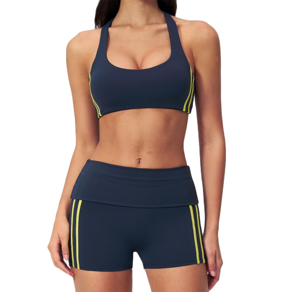 Xyffybhsd Women's Blue Solid 2-Piece Yoga Set Soft Seamless Breathable V-Neck Bra High Waist Butt Lift Sports Shorts(Size:xl,Color:blue)