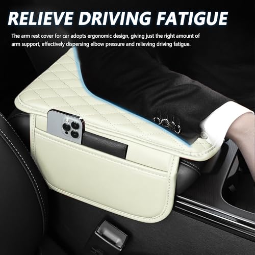 Image of Stacool Upgraded Car Center Console Cover,Microfiber Leather Car Armrest Cover Cushion with 2 Storage Bags,Universal Car Armrest Storage Box (Cream)